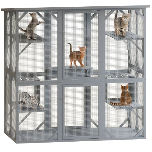 Outdoor Cat House Big Catio Wooden Feral Cat Shelter Enclosure With Large Spacious Interior, 6 High Ledges, Weather Protection Asphalt Roof