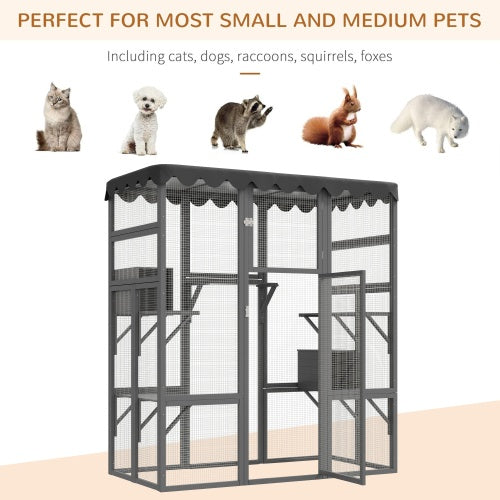 Outdoor Cat House Big Catio Wooden Feral Cat Shelter Enclosure With Large Spacious Interior, 6 High Ledges, Weather Protection Asphalt Roof