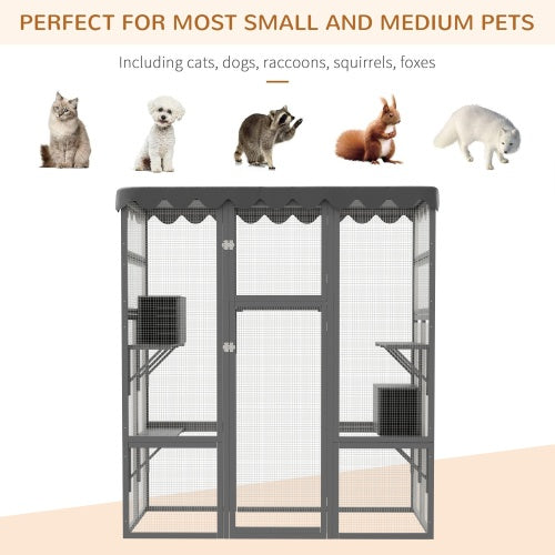 Outdoor Cat House Big Catio Wooden Feral Cat Shelter Enclosure With Large Spacious Interior, 6 High Ledges, Weather Protection Asphalt Roof